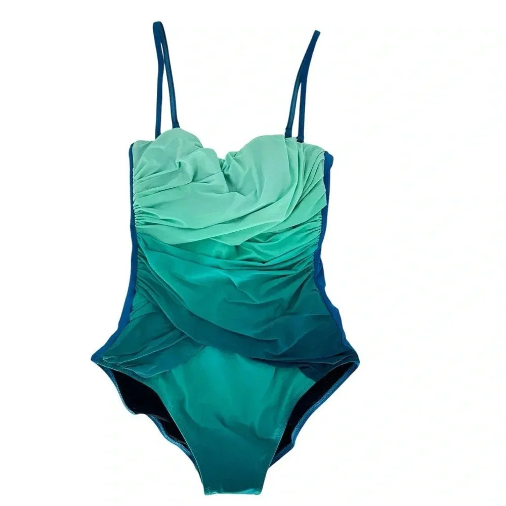 Gottex teal ombré one piece removable straps bandeau strapless bathing suit